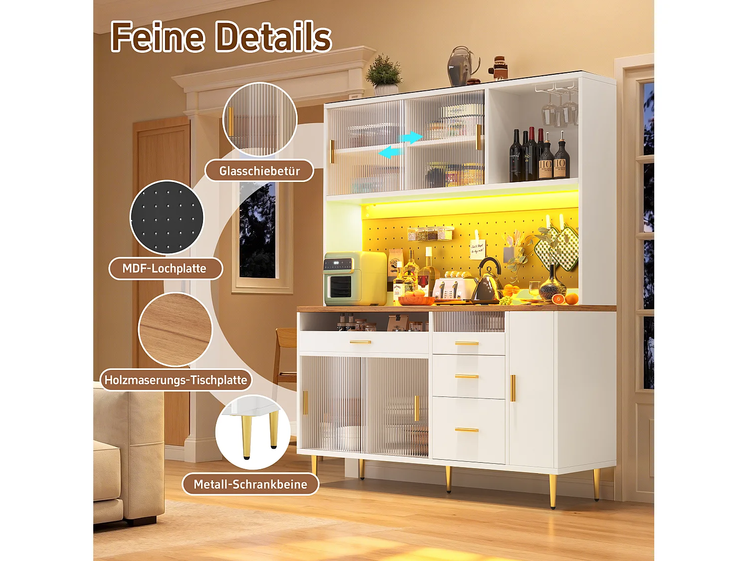 Modernes Küchen-Sideboard – 145 x 24 x 171 cm – mit LED-Beleuchtung, Regalböden, Türen und 4 Schubladen – Glas und MDF – weiß