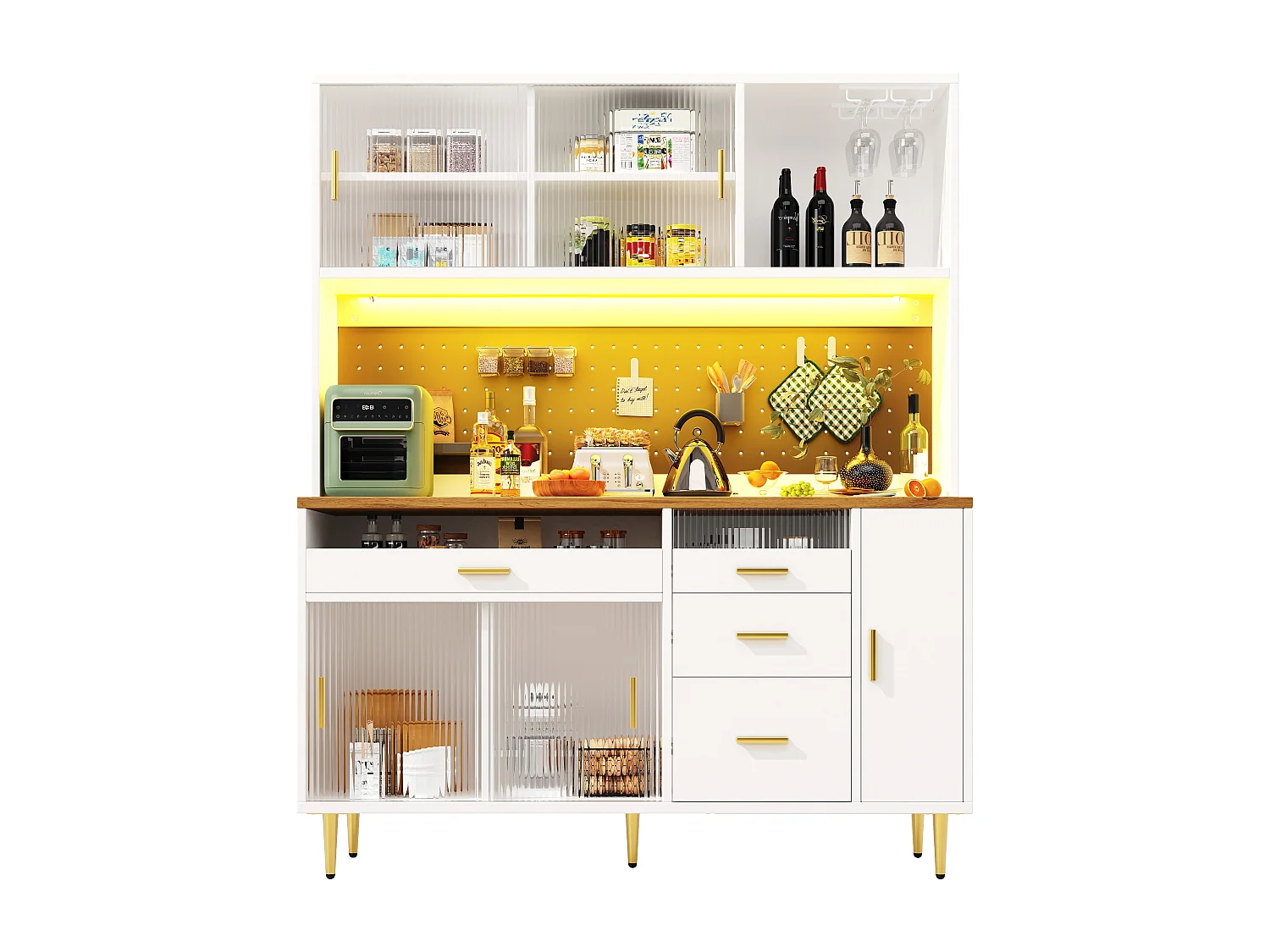 Modernes Küchen-Sideboard – 145 x 24 x 171 cm – mit LED-Beleuchtung, Regalböden, Türen und 4 Schubladen – Glas und MDF – weiß