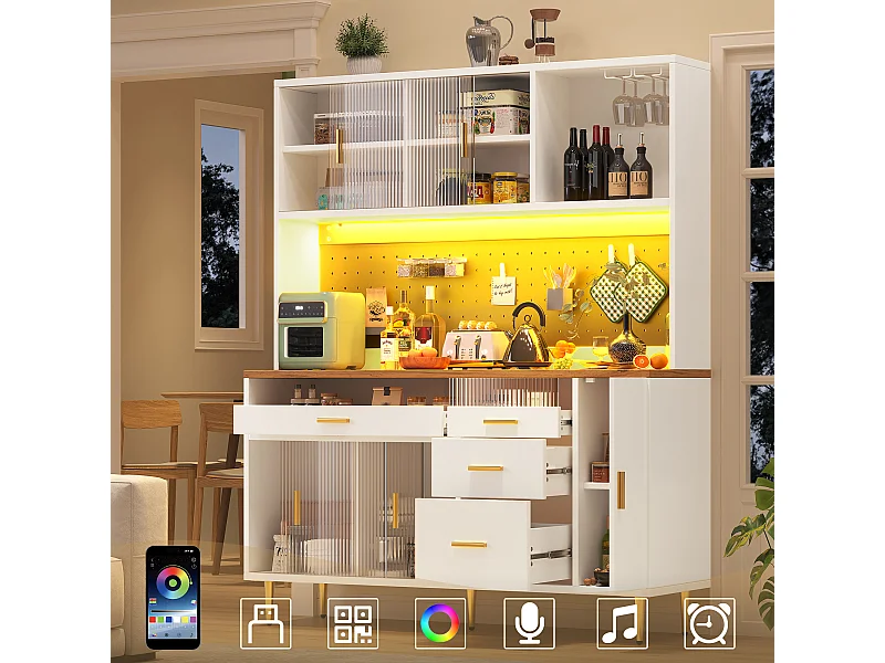 Modernes Küchen-Sideboard – 145 x 24 x 171 cm – mit LED-Beleuchtung, Regalböden, Türen und 4 Schubladen – Glas und MDF – weiß