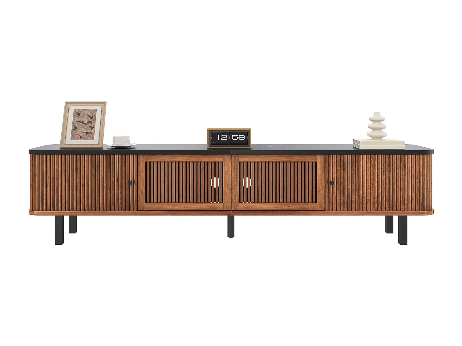 Moderner TV-Ständer – 190 x 35 x 45 cm – mit 2 Schiebetüren + 2 Gittertüren – MDF + Spanplatte – braun