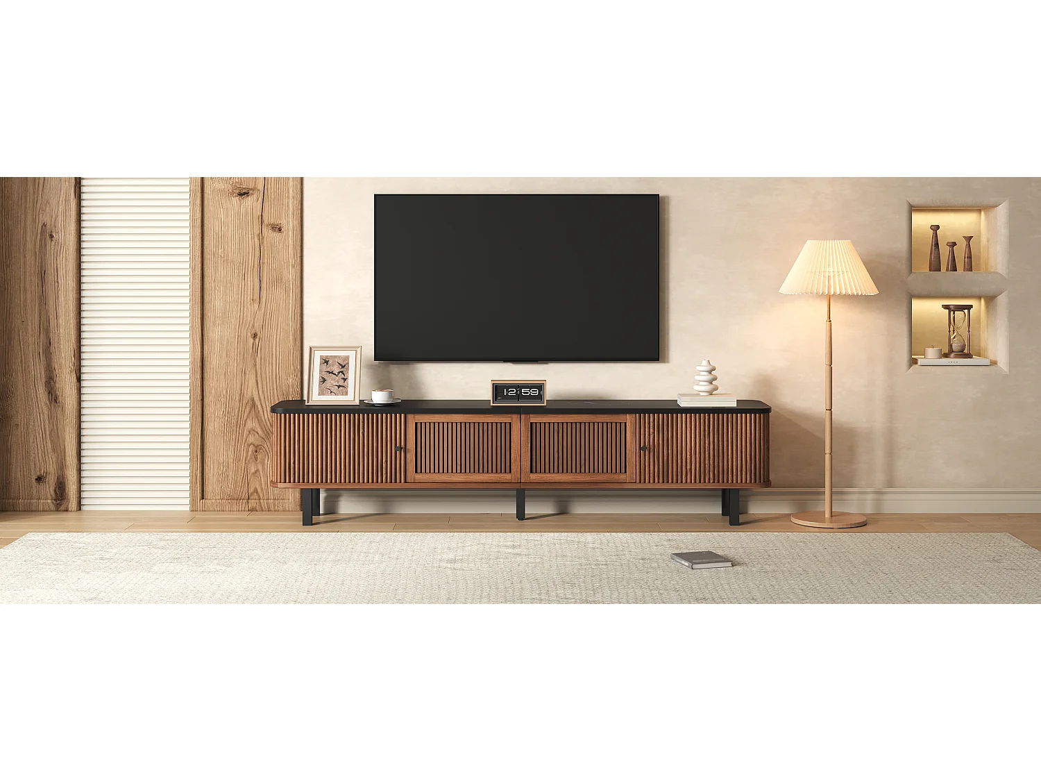 Moderner TV-Ständer – 190 x 35 x 45 cm – mit 2 Schiebetüren + 2 Gittertüren – MDF + Spanplatte – braun