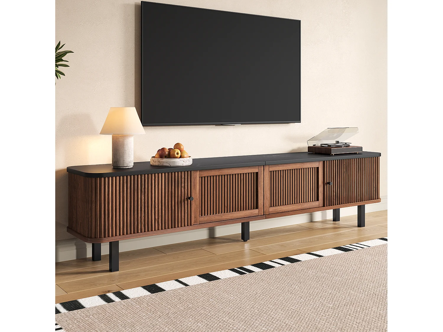 Moderner TV-Ständer – 190 x 35 x 45 cm – mit 2 Schiebetüren + 2 Gittertüren – MDF + Spanplatte – braun