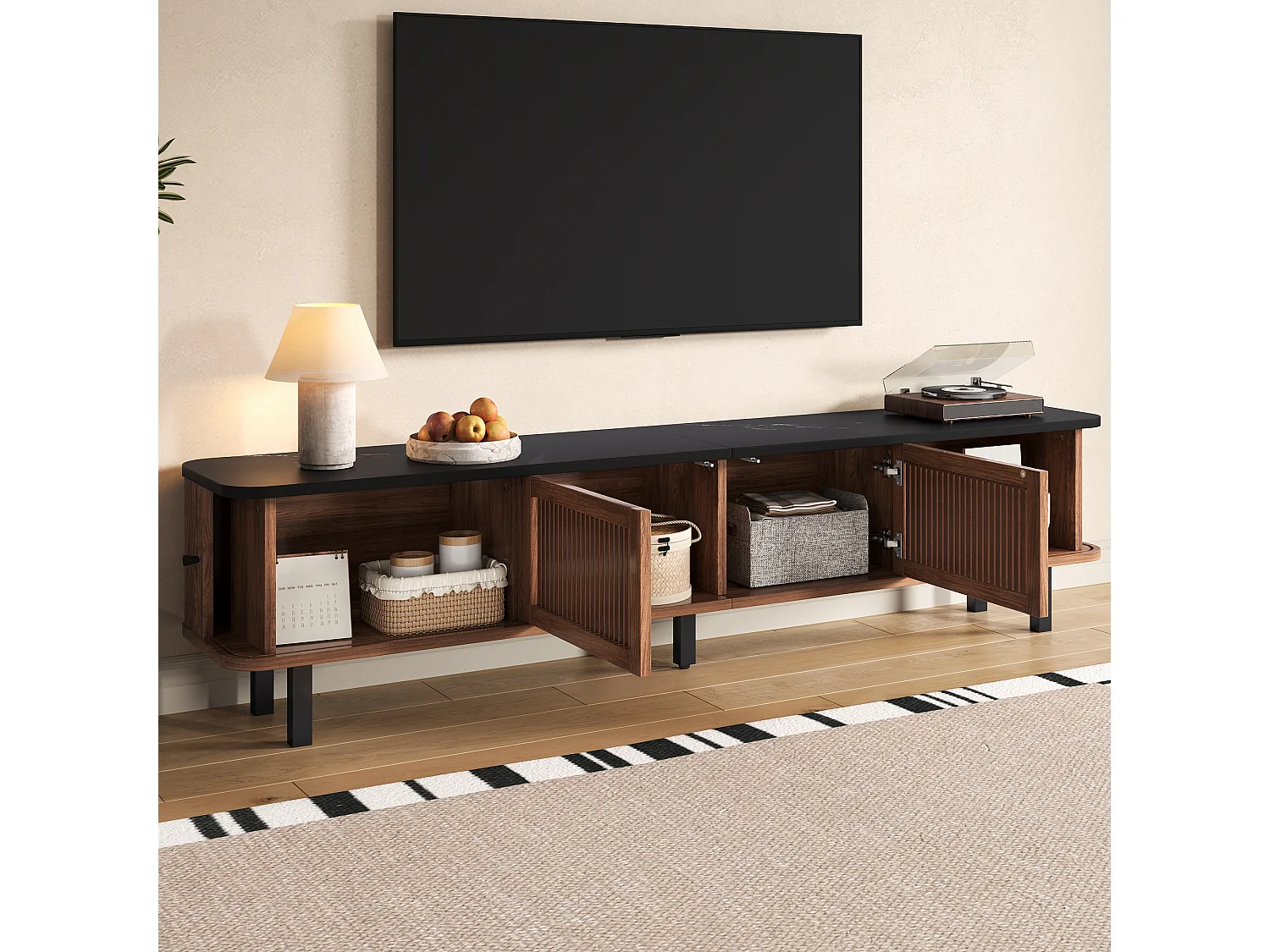 Moderner TV-Ständer – 190 x 35 x 45 cm – mit 2 Schiebetüren + 2 Gittertüren – MDF + Spanplatte – braun