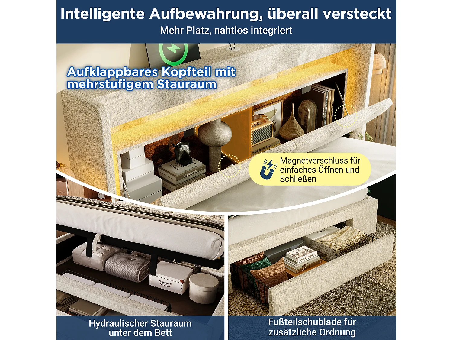 Łóżko tapicerowane hydrauliczne ze schowkiem - 160 x 200 cm - ze schowkiem na pościel w zagłówku + diody LED + USB + szuflada - pościel - beżowe (z materacem)