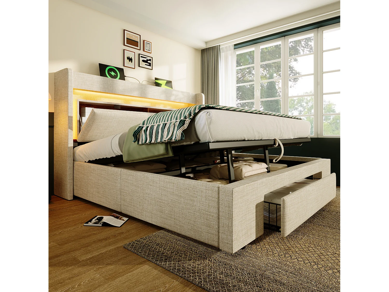 Łóżko tapicerowane hydrauliczne ze schowkiem - 160 x 200 cm - ze schowkiem na pościel w zagłówku + diody LED + USB + szuflada - pościel - beżowe (z materacem)