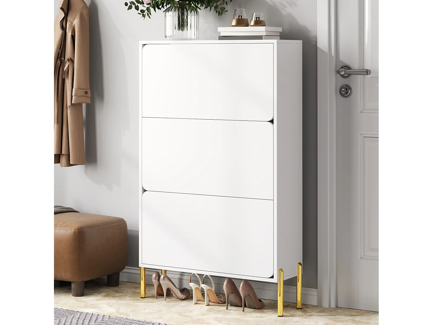 Meuble à chaussures minimaliste moderne - 73 x 24 x 120 cm - avec 3 portes - pieds dorés - MDF - blanc