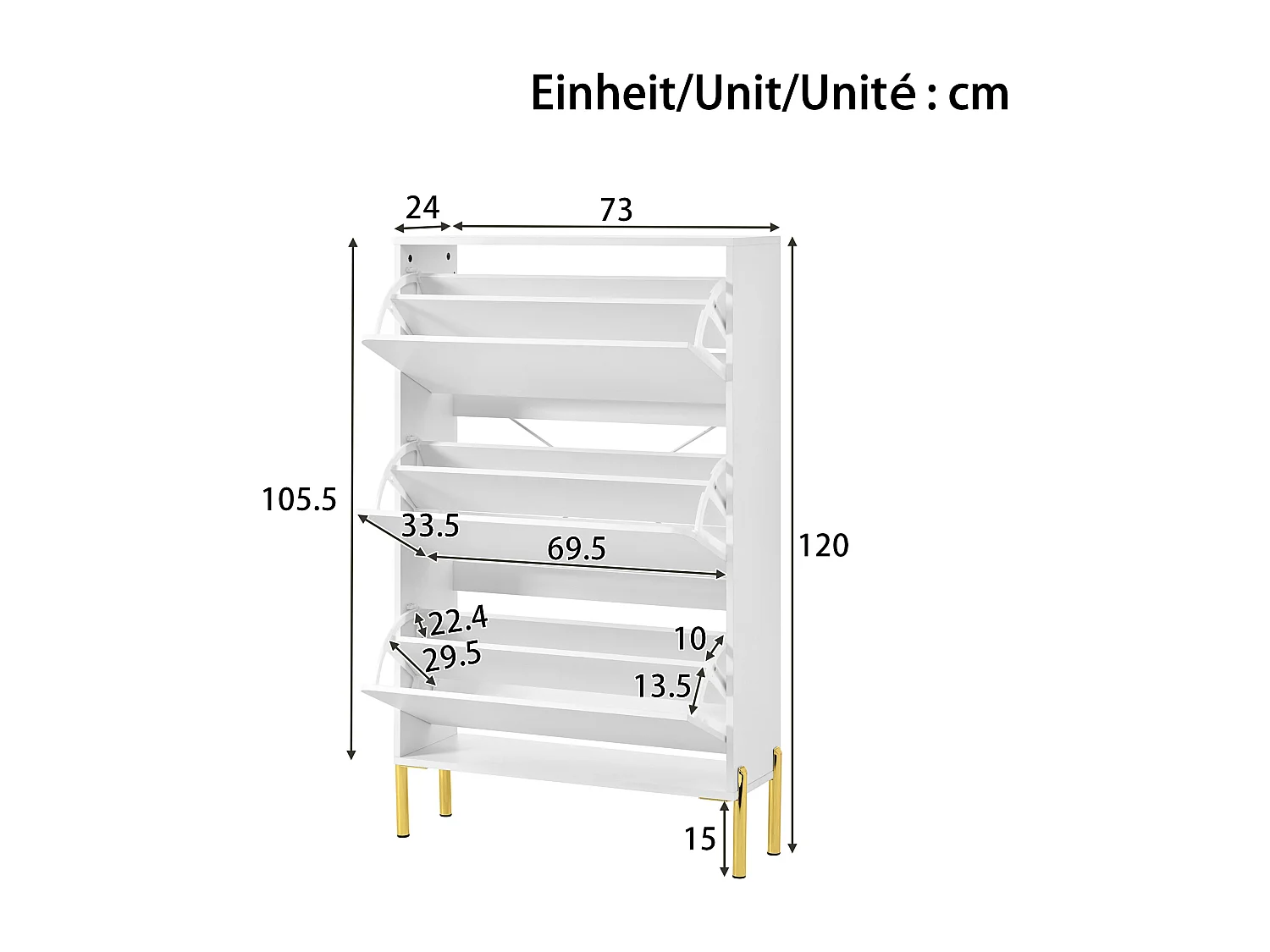 Meuble à chaussures minimaliste moderne - 73 x 24 x 120 cm - avec 3 portes - pieds dorés - MDF - blanc