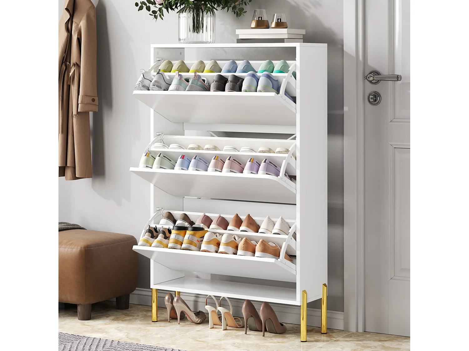 Meuble à chaussures minimaliste moderne - 73 x 24 x 120 cm - avec 3 portes - pieds dorés - MDF - blanc