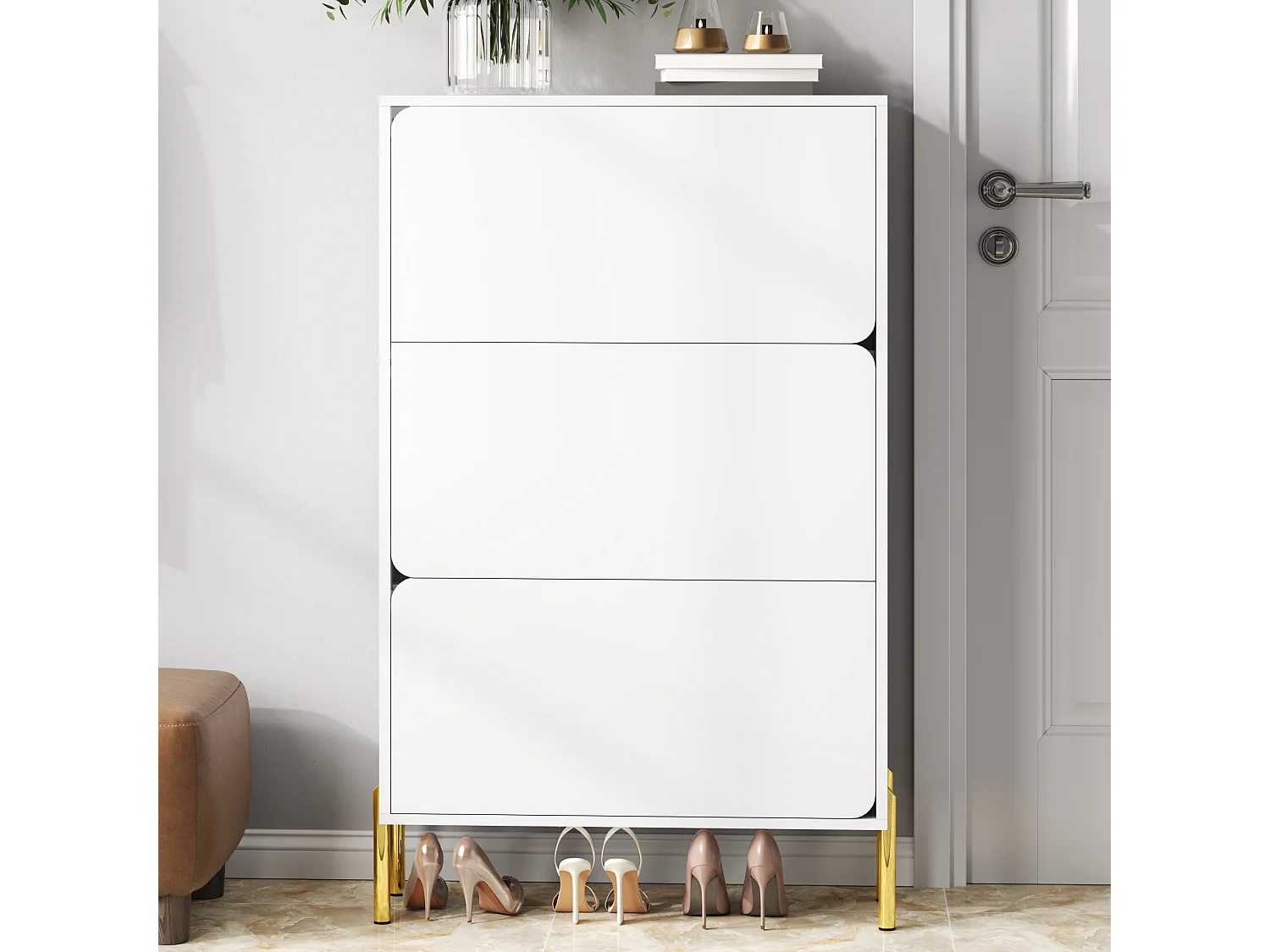 Meuble à chaussures minimaliste moderne - 73 x 24 x 120 cm - avec 3 portes - pieds dorés - MDF - blanc