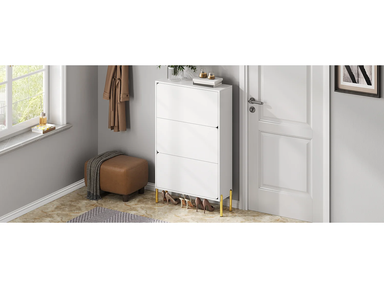 Meuble à chaussures minimaliste moderne - 73 x 24 x 120 cm - avec 3 portes - pieds dorés - MDF - blanc