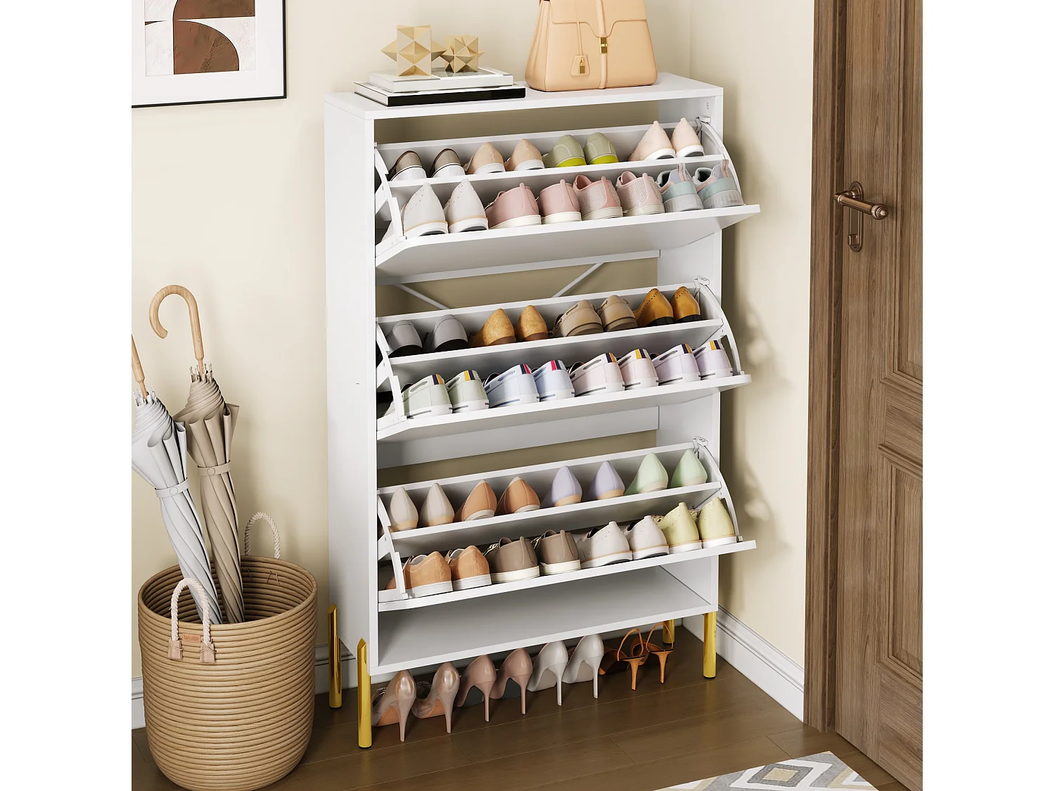 Meuble à chaussures minimaliste moderne - 73 x 24 x 120 cm - avec 3 portes - pieds dorés - MDF - blanc