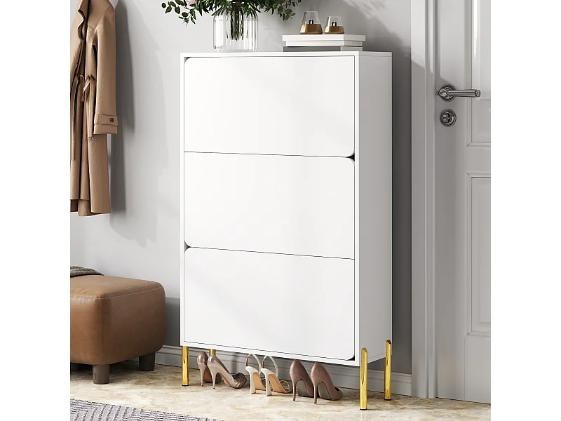Meuble à chaussures minimaliste moderne - 73 x 24 x 120 cm - avec 3 portes - pieds dorés - MDF - blanc