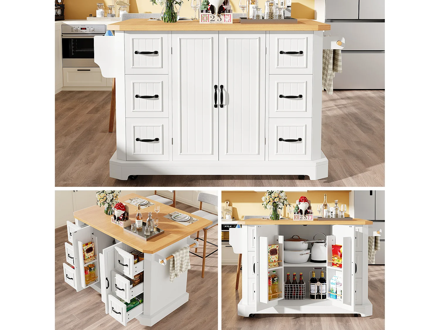 Îlot central mobile avec table pliante - 120 x 45/75 cm x 91 cm - avec 2 portes + 6 tiroirs - MDF - blanc