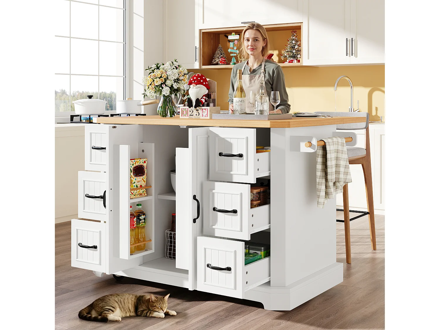 Îlot central mobile avec table pliante - 120 x 45/75 cm x 91 cm - avec 2 portes + 6 tiroirs - MDF - blanc