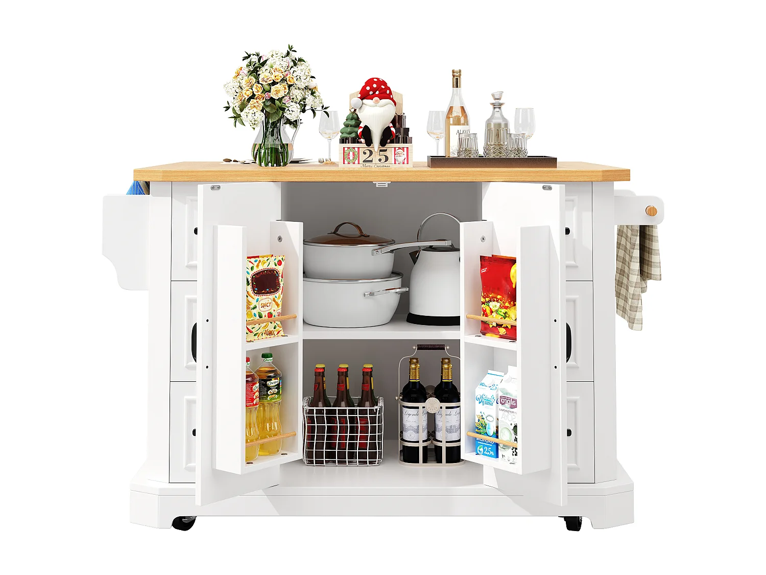 Îlot central mobile avec table pliante - 120 x 45/75 cm x 91 cm - avec 2 portes + 6 tiroirs - MDF - blanc