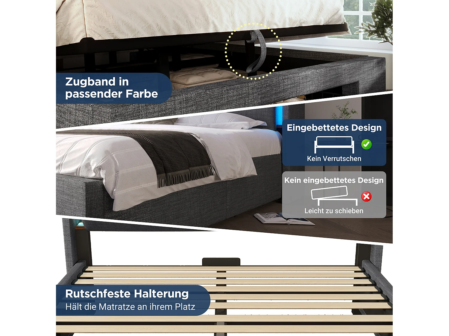 Gestoffeerd hydraulisch opbergbed - 180 x 200 cm - met opbergbaar hoofdeinde + LED's + USB + lade - linnen - grijs