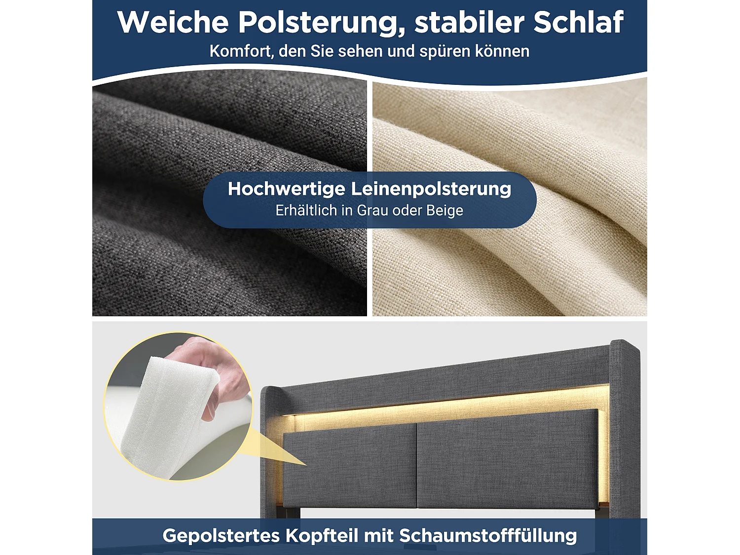 Gestoffeerd hydraulisch opbergbed - 180 x 200 cm - met opbergbaar hoofdeinde + LED's + USB + lade - linnen - grijs