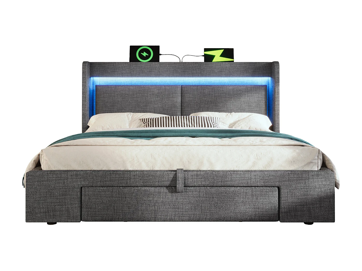 Gestoffeerd hydraulisch opbergbed - 180 x 200 cm - met opbergbaar hoofdeinde + LED's + USB + lade - linnen - grijs