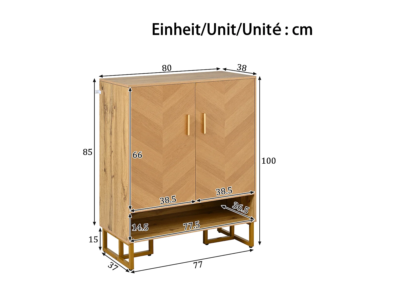 Meuble à chaussures moderne - 80 x 38 x 100 cm - veinage bois unique - structure en fer doré - avec 2 portes - MDF - naturel