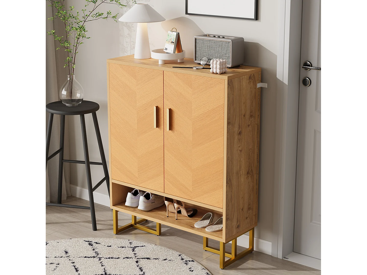 Meuble à chaussures moderne - 80 x 38 x 100 cm - veinage bois unique - structure en fer doré - avec 2 portes - MDF - naturel