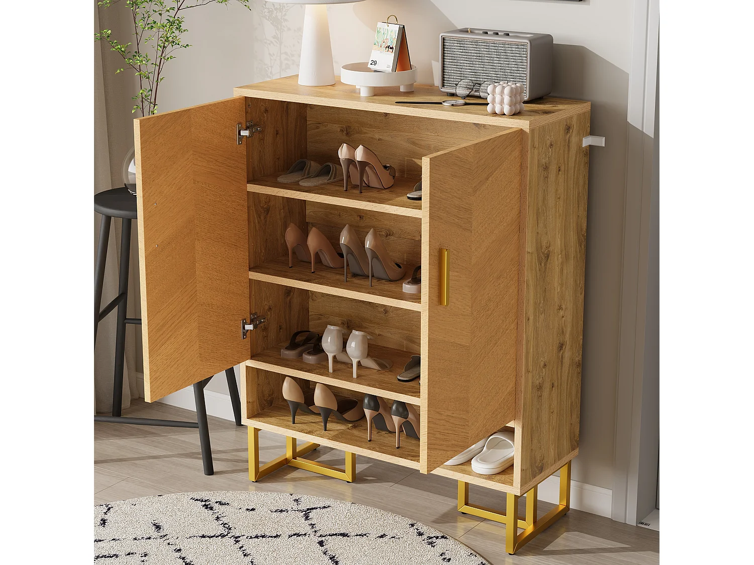 Meuble à chaussures moderne - 80 x 38 x 100 cm - veinage bois unique - structure en fer doré - avec 2 portes - MDF - naturel