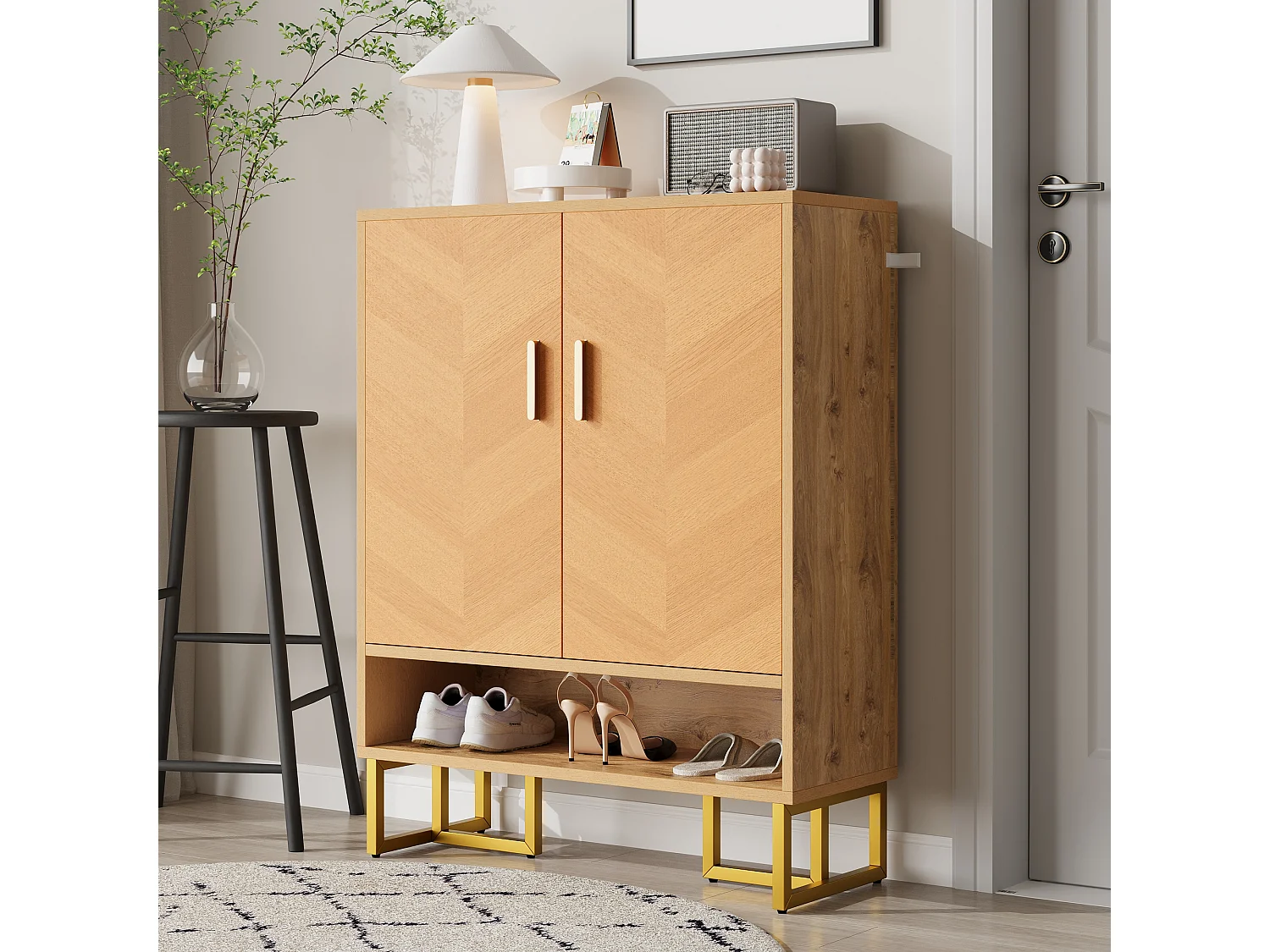 Meuble à chaussures moderne - 80 x 38 x 100 cm - veinage bois unique - structure en fer doré - avec 2 portes - MDF - naturel