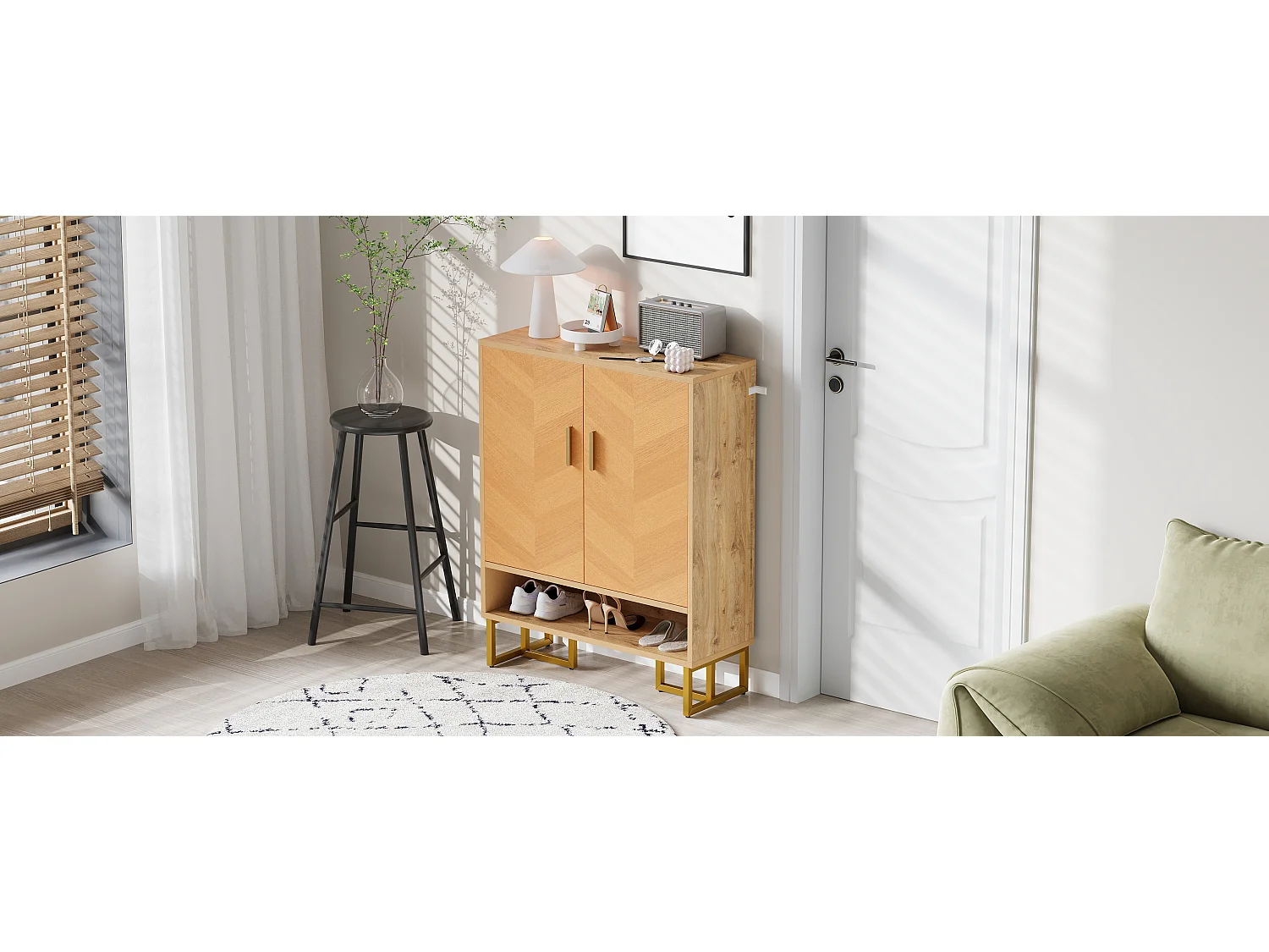 Meuble à chaussures moderne - 80 x 38 x 100 cm - veinage bois unique - structure en fer doré - avec 2 portes - MDF - naturel