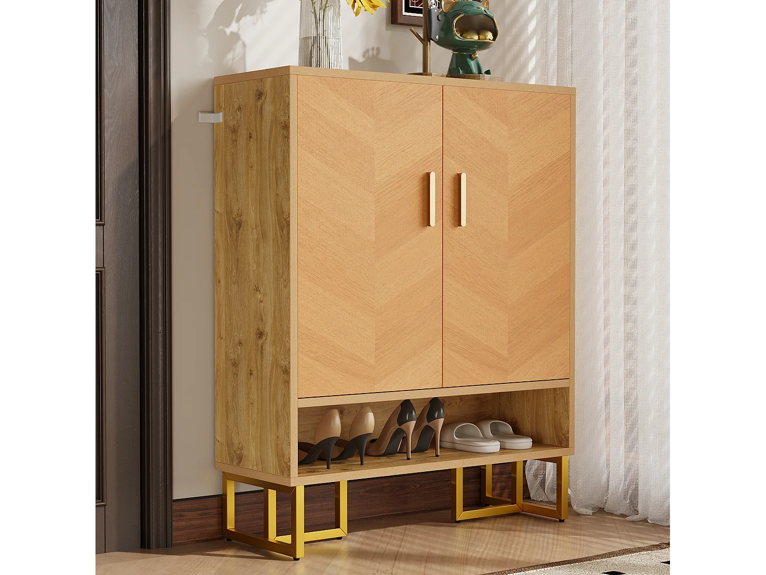 Meuble à chaussures moderne - 80 x 38 x 100 cm - veinage bois unique - structure en fer doré - avec 2 portes - MDF - naturel