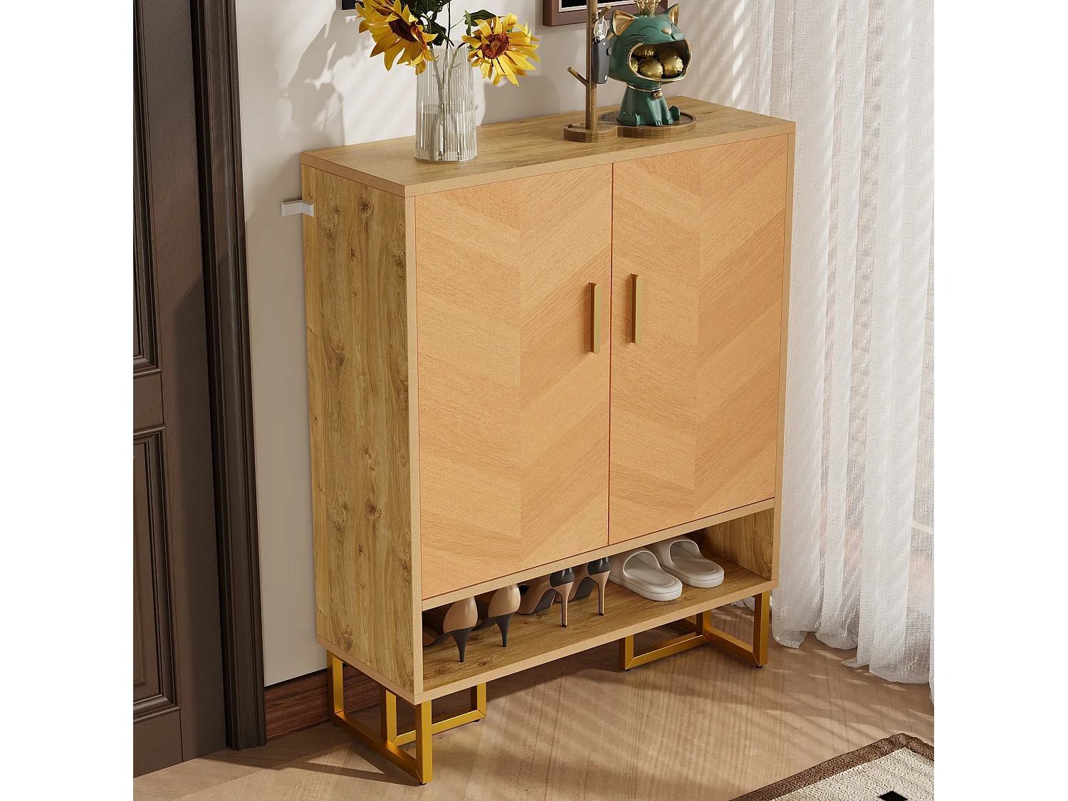 Meuble à chaussures moderne - 80 x 38 x 100 cm - veinage bois unique - structure en fer doré - avec 2 portes - MDF - naturel