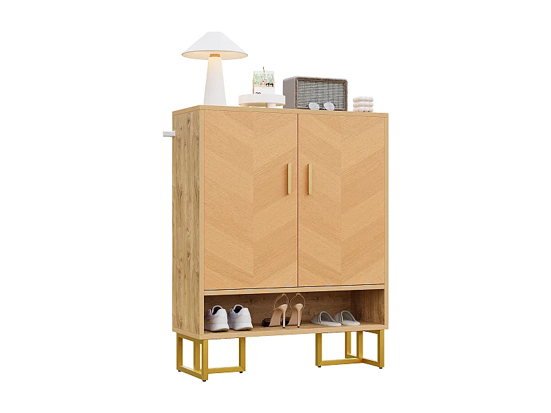 Meuble à chaussures moderne - 80 x 38 x 100 cm - veinage bois unique - structure en fer doré - avec 2 portes - MDF - naturel