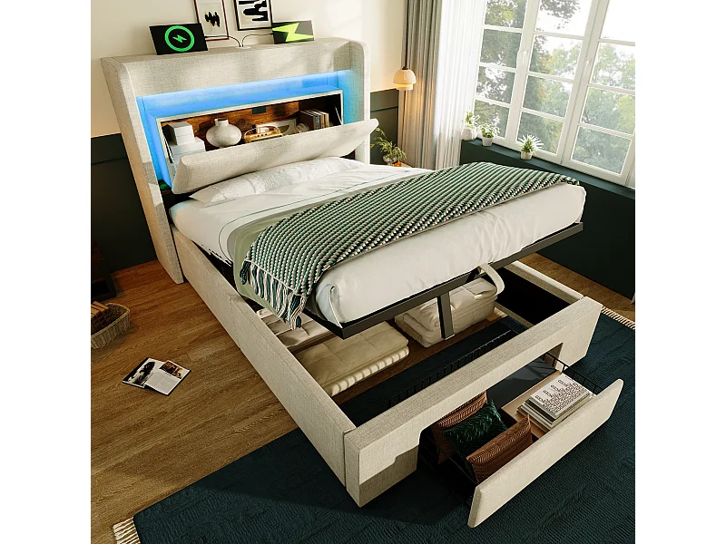 Lit coffre hydraulique capitonné - 90 x 200 cm - avec tête de lit de rangement + Leds + USB + tiroir - lin - beige