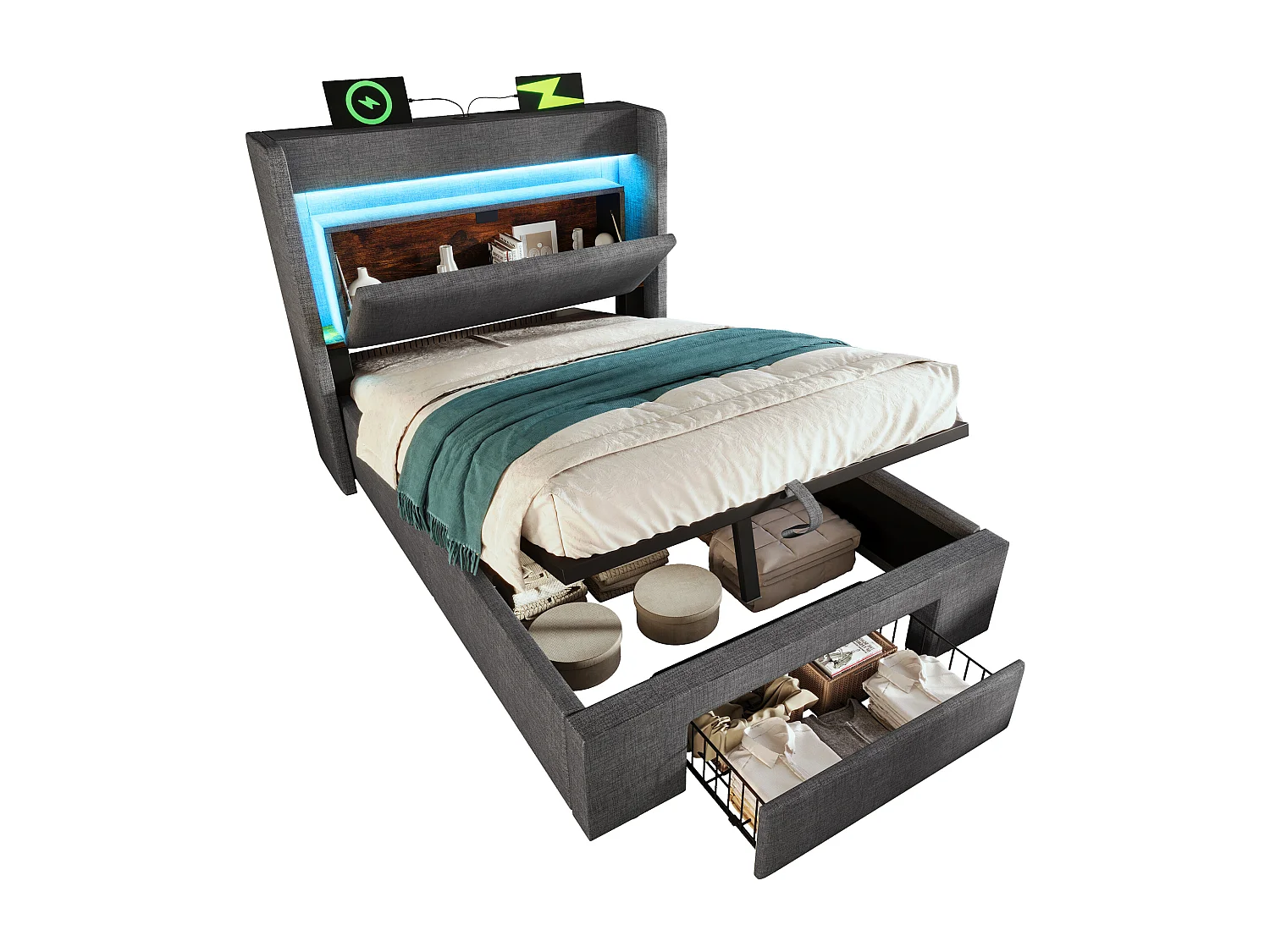 Lit coffre hydraulique capitonné - 90 x 200 cm - avec tête de lit de rangement + Leds + USB + tiroir - lin - gris（avec matelas)