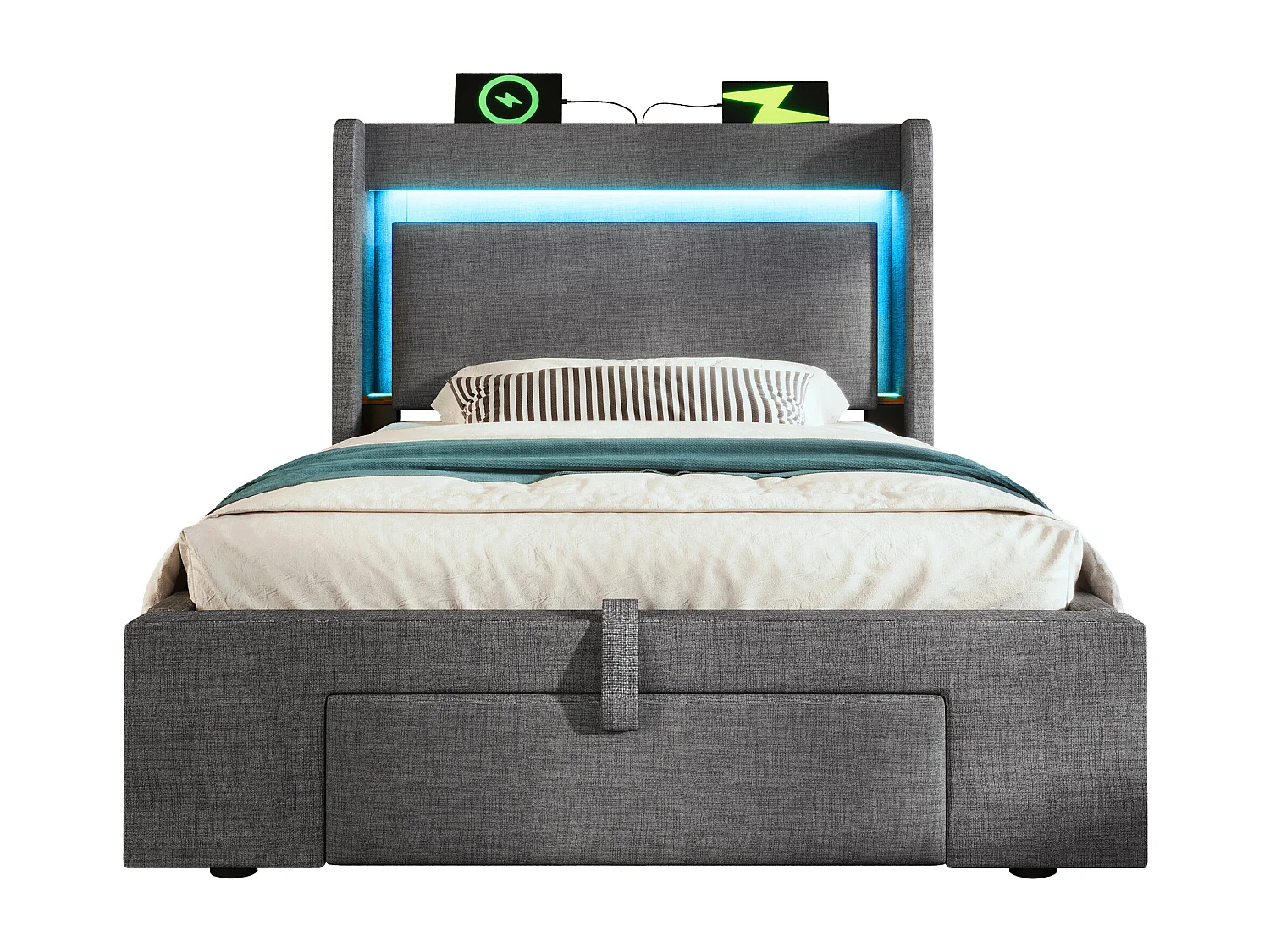 Lit coffre hydraulique capitonné - 90 x 200 cm - avec tête de lit de rangement + Leds + USB + tiroir - lin - gris（avec matelas)