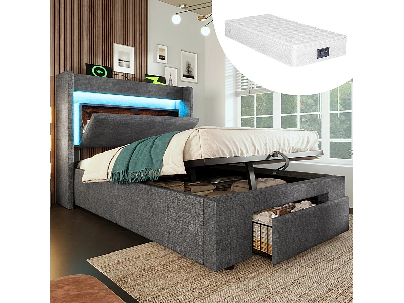 Lit coffre hydraulique capitonné - 90 x 200 cm - avec tête de lit de rangement + Leds + USB + tiroir - lin - gris（avec matelas)