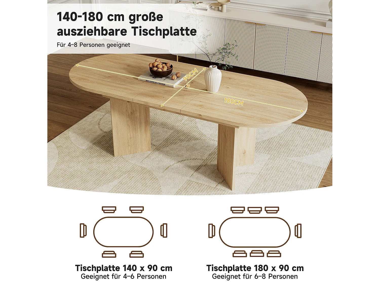 Table à manger extensible - 140/180 x 90 x 75 cm - pour 4 à 6 personnes - style simple - MDF - naturel