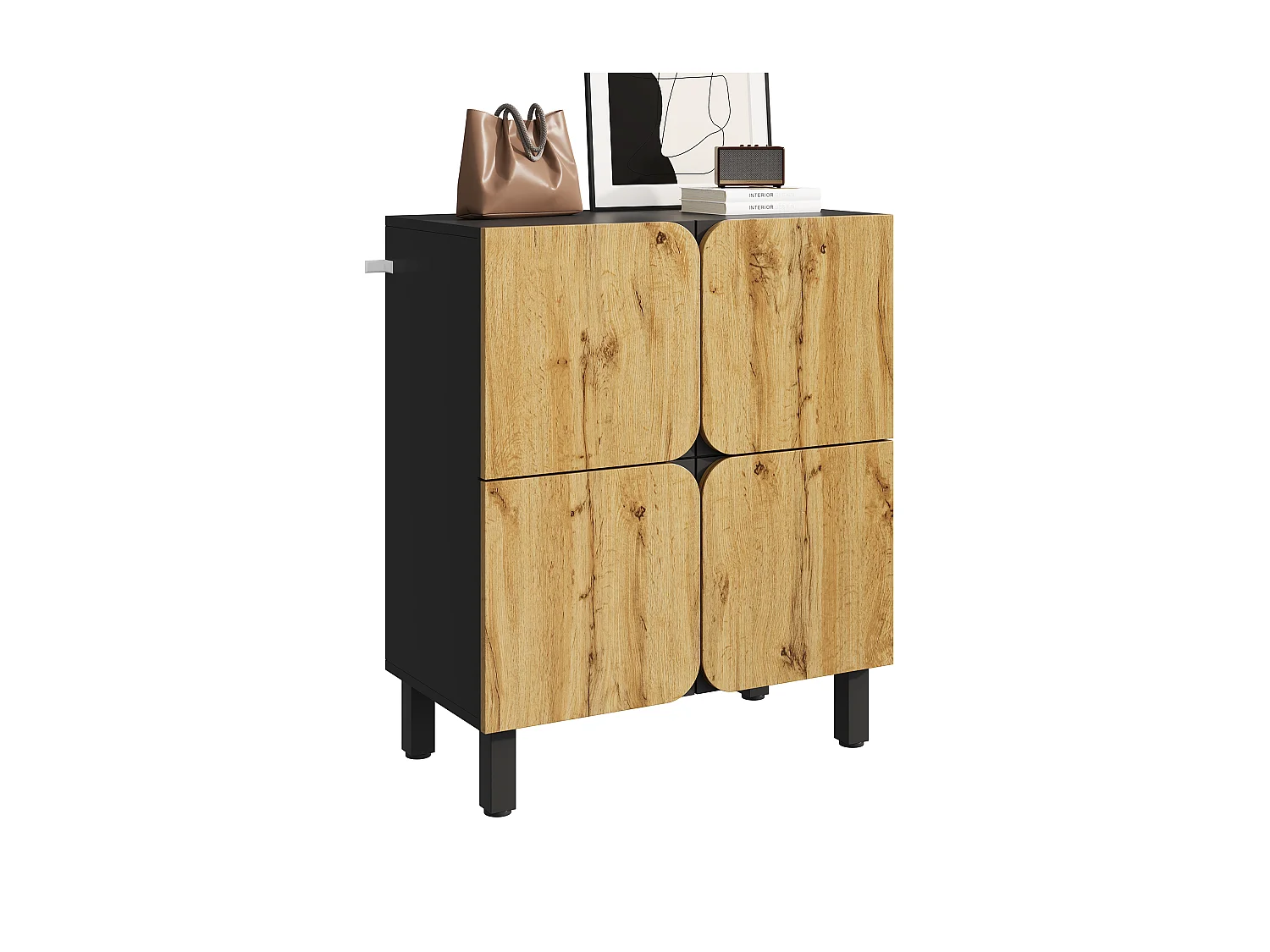 Meuble à chaussures moderne - 80 x 38.5 x 95 cm - avec 4 portes + étagères réglables - pieds en fer - MDF - naturel + noir