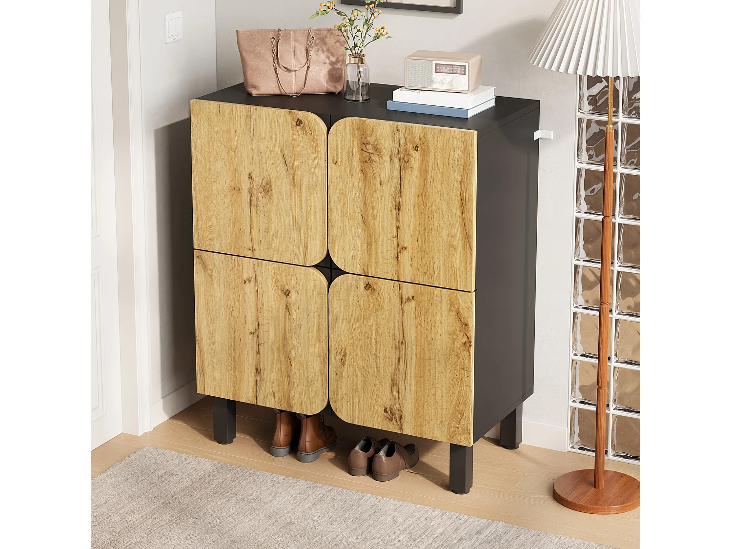 Meuble à chaussures moderne - 80 x 38.5 x 95 cm - avec 4 portes + étagères réglables - pieds en fer - MDF - naturel + noir