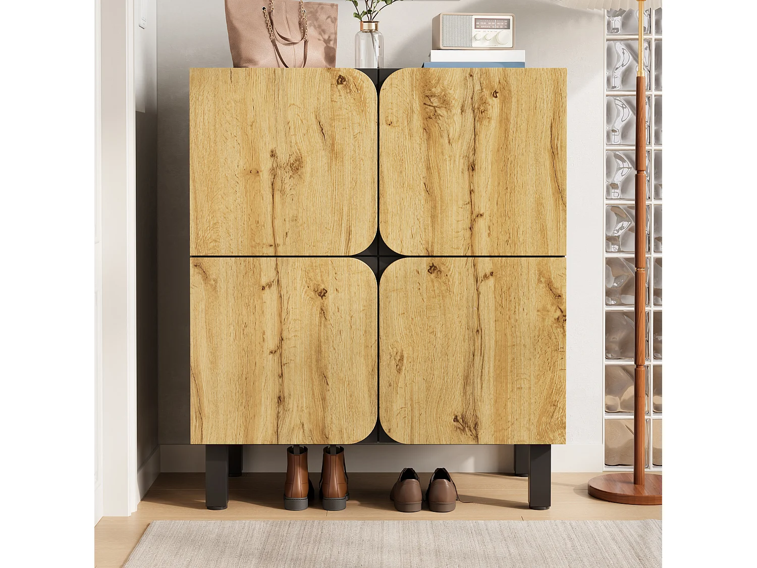 Meuble à chaussures moderne - 80 x 38.5 x 95 cm - avec 4 portes + étagères réglables - pieds en fer - MDF - naturel + noir