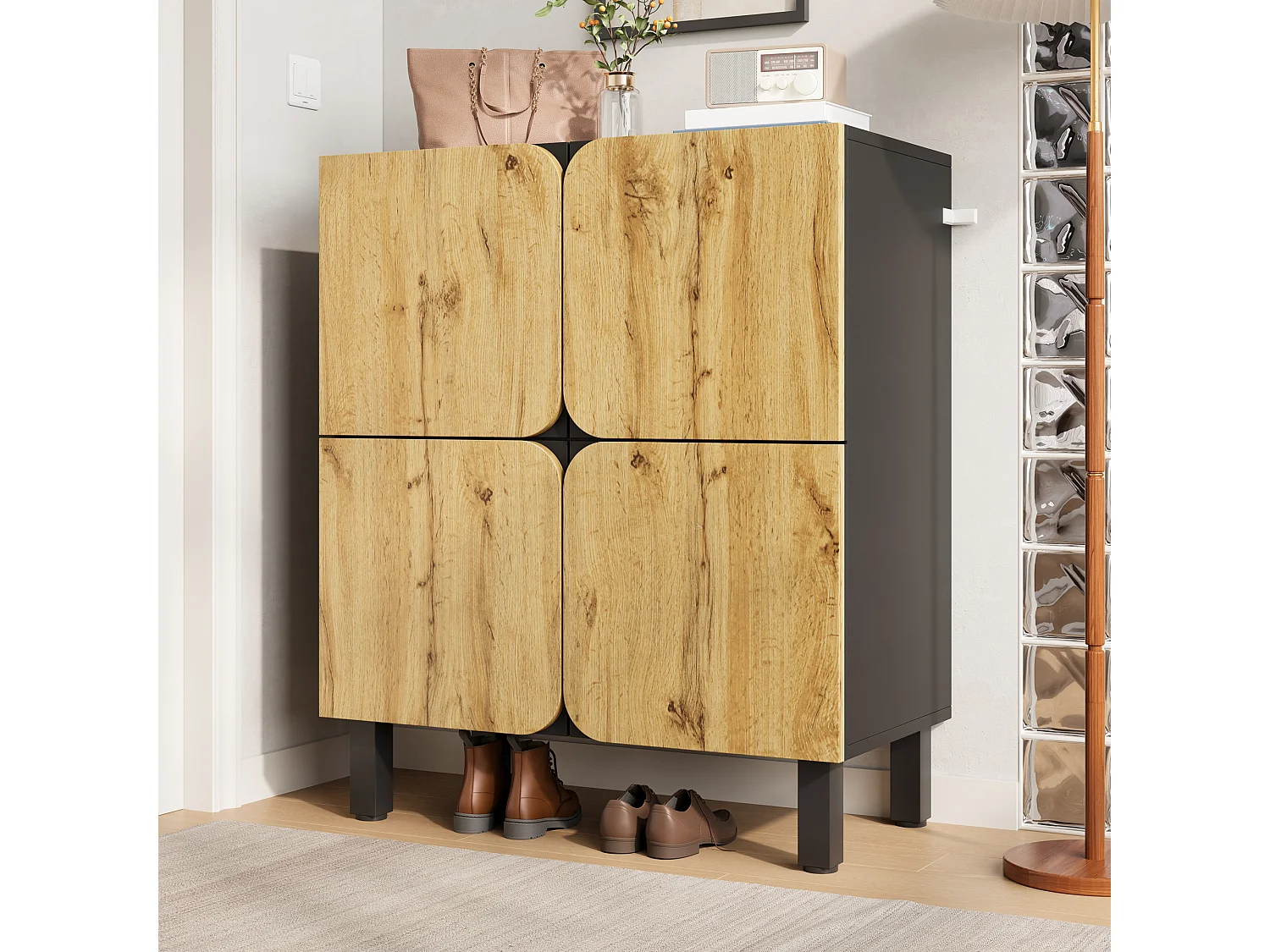 Meuble à chaussures moderne - 80 x 38.5 x 95 cm - avec 4 portes + étagères réglables - pieds en fer - MDF - naturel + noir