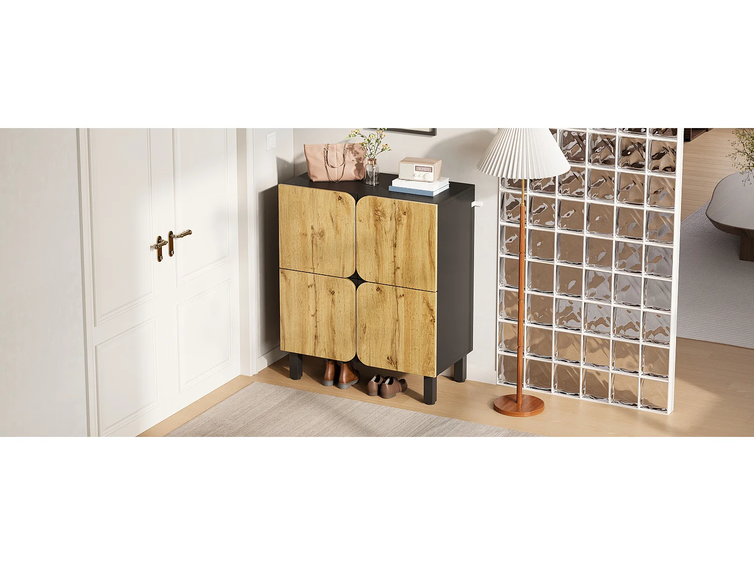 Meuble à chaussures moderne - 80 x 38.5 x 95 cm - avec 4 portes + étagères réglables - pieds en fer - MDF - naturel + noir