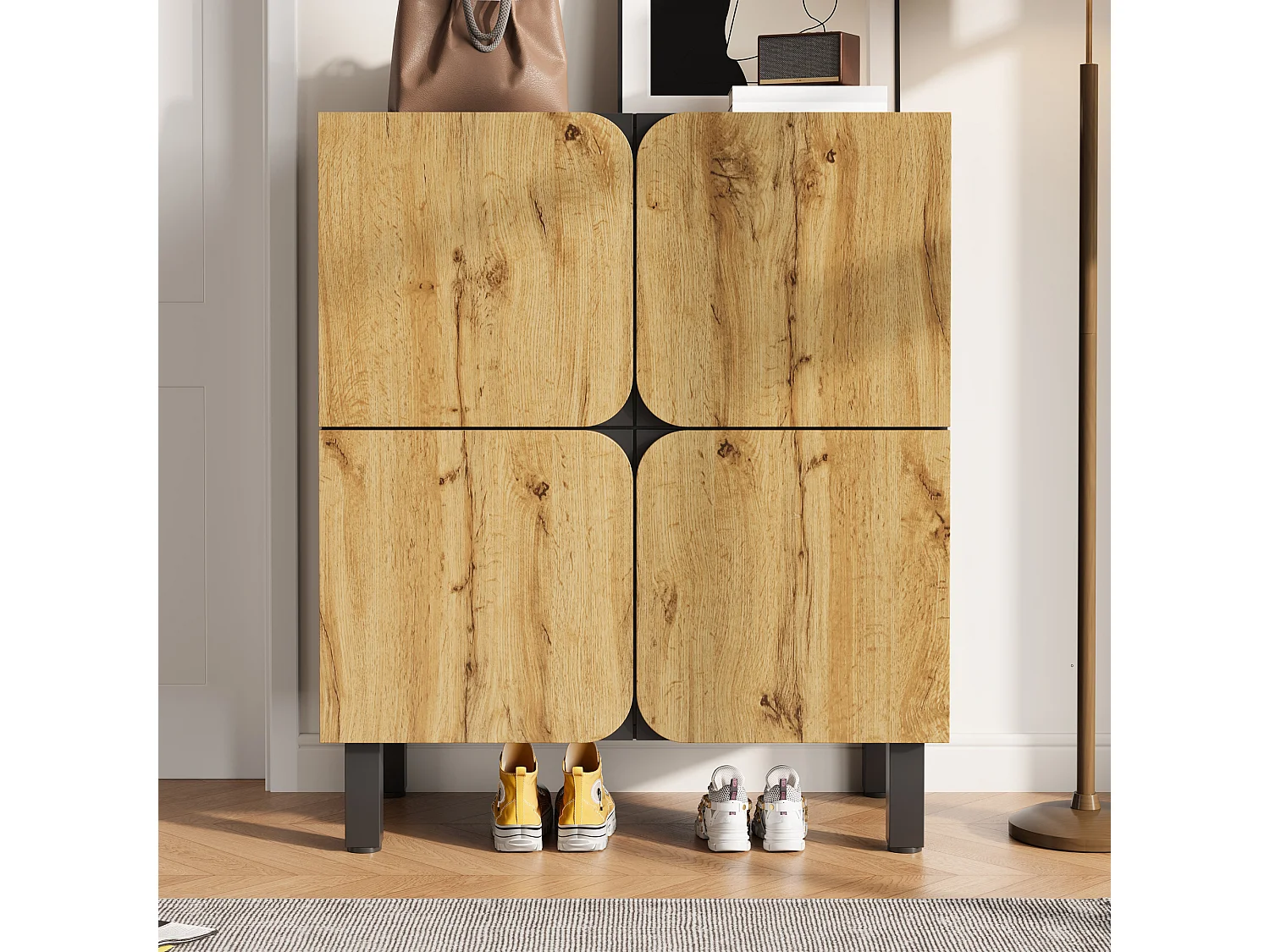 Meuble à chaussures moderne - 80 x 38.5 x 95 cm - avec 4 portes + étagères réglables - pieds en fer - MDF - naturel + noir