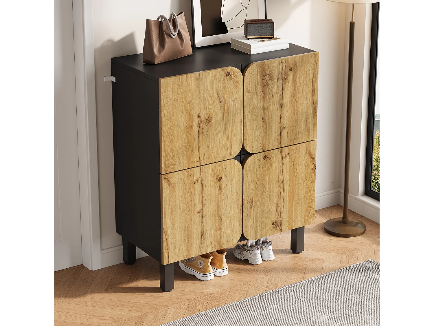 Meuble à chaussures moderne - 80 x 38.5 x 95 cm - avec 4 portes + étagères réglables - pieds en fer - MDF - naturel + noir