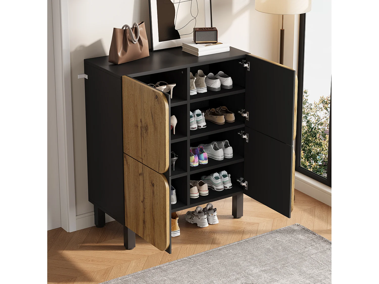 Meuble à chaussures moderne - 80 x 38.5 x 95 cm - avec 4 portes + étagères réglables - pieds en fer - MDF - naturel + noir