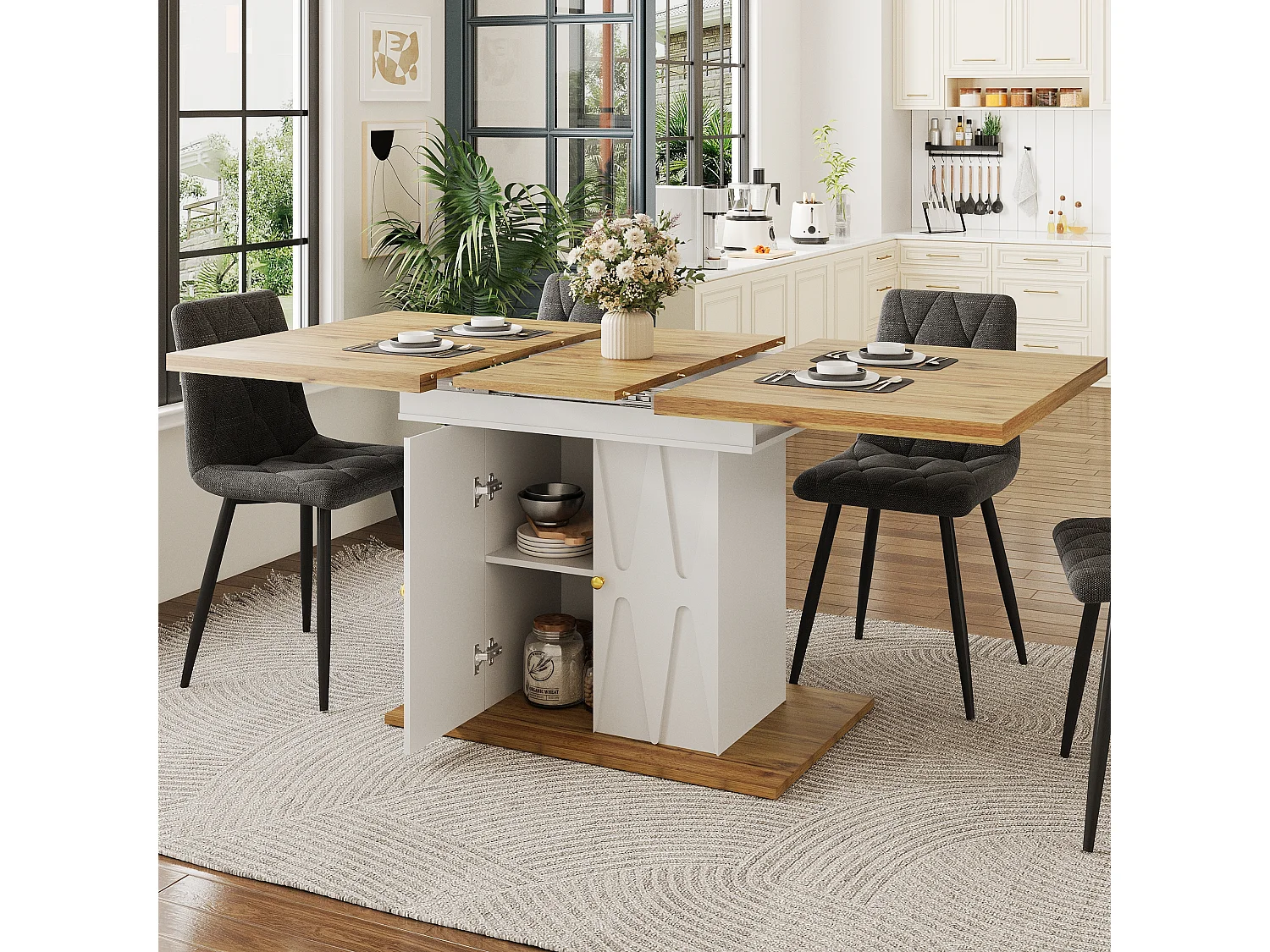 Ensemble de salle à manger 5 pièces - table extensible avec rangement - 110(140) x 70x 76 cm + 4 chaises - MDF - gris + naturel