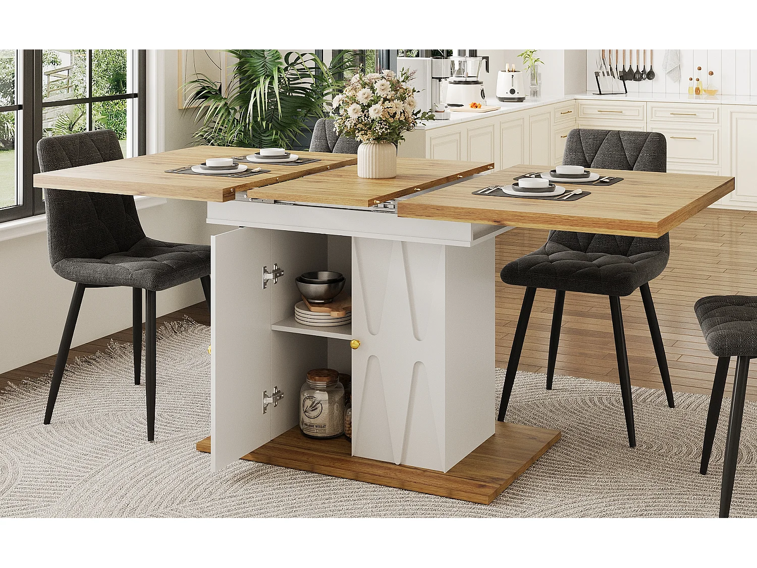 Ensemble de salle à manger 5 pièces - table extensible avec rangement - 110(140) x 70x 76 cm + 4 chaises - MDF - gris + naturel