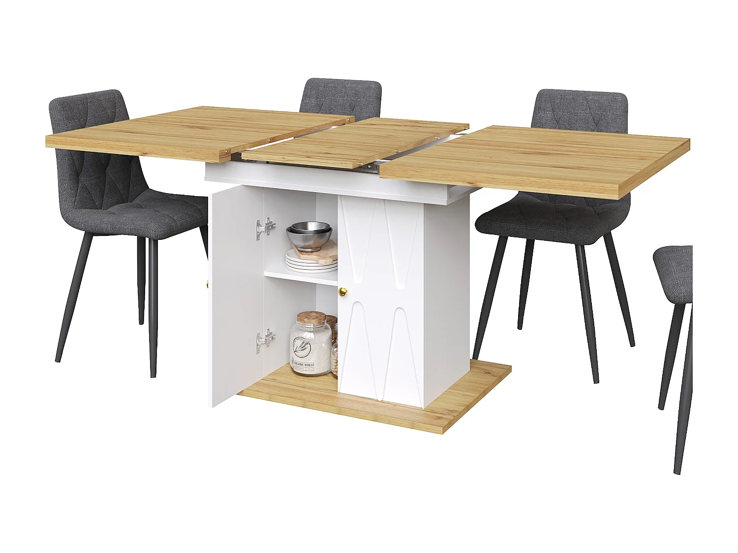 Ensemble de salle à manger 5 pièces - table extensible avec rangement - 110(140) x 70x 76 cm + 4 chaises - MDF - gris + naturel
