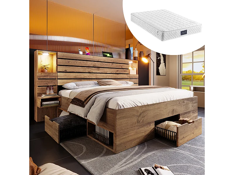 Lit double aspect chêne - 160 x 200 cm - avec Leds + USB + 2 tables de chevet + tiroirs  - bois - naturel（avec matelas)