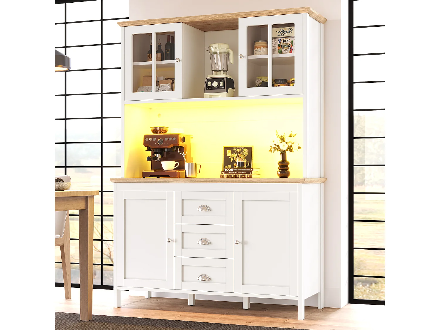 Hohes Küchen-Sideboard – 120 x 40 x 179 cm – mit LED-Beleuchtung + 4 Türen + 3 Schubladen + Einlegeboden – MDF + Metall – weiß