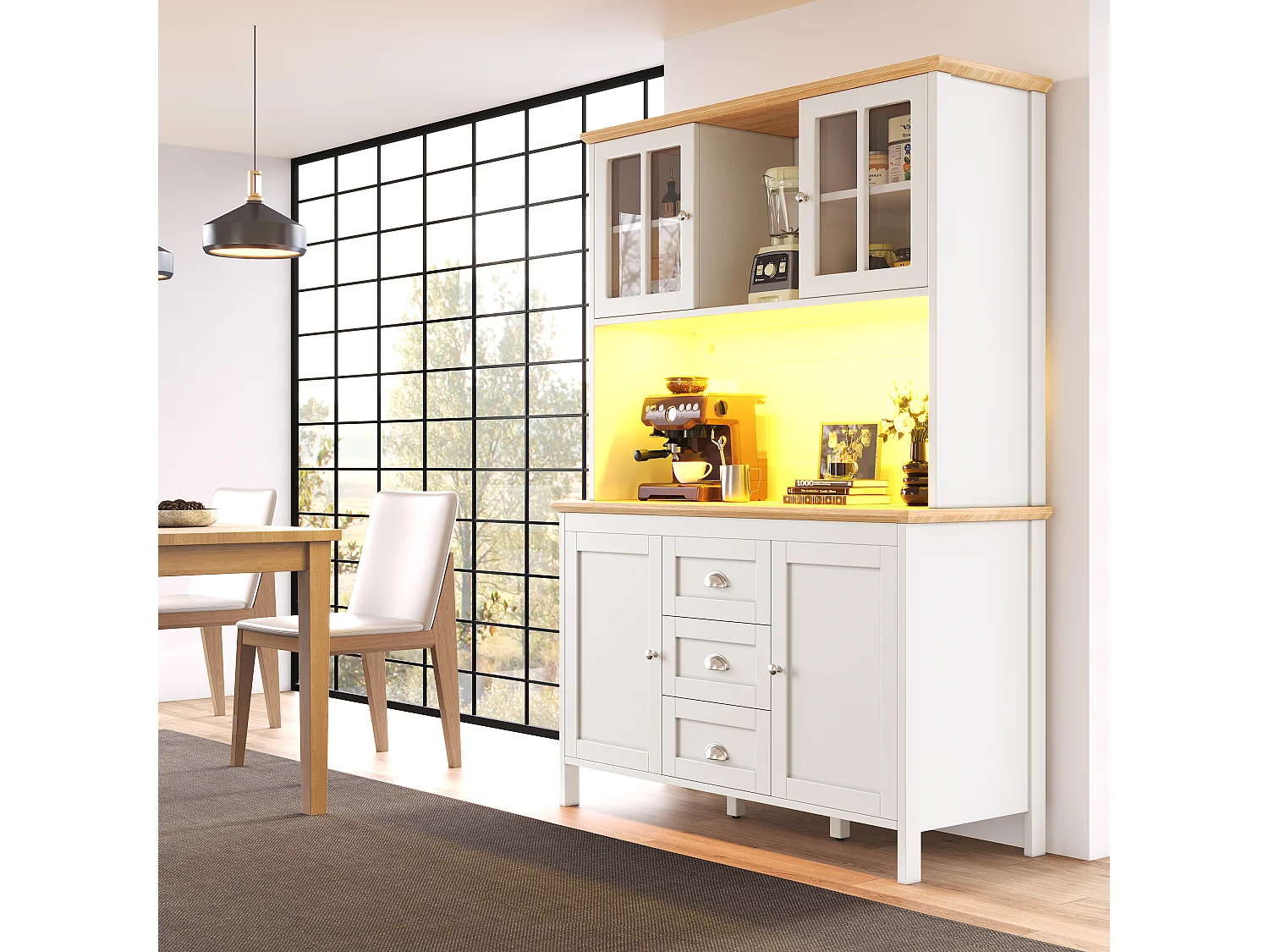 Hohes Küchen-Sideboard – 120 x 40 x 179 cm – mit LED-Beleuchtung + 4 Türen + 3 Schubladen + Einlegeboden – MDF + Metall – weiß
