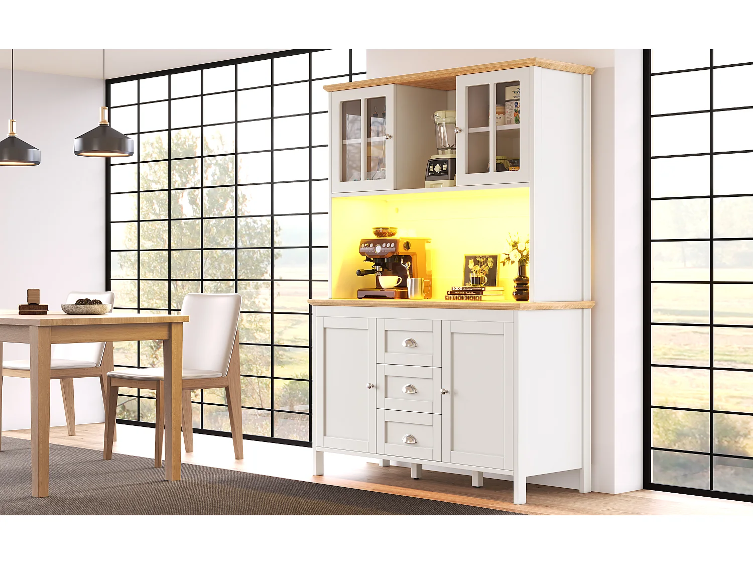 Hohes Küchen-Sideboard – 120 x 40 x 179 cm – mit LED-Beleuchtung + 4 Türen + 3 Schubladen + Einlegeboden – MDF + Metall – weiß